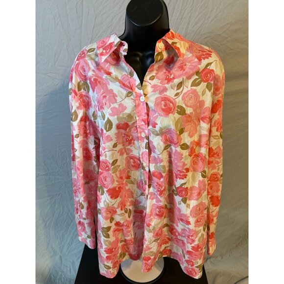 Villager Liz Claiborne Womens Floral Pink Button Up Shirt Plus Size 1X - Picture 1 of 3